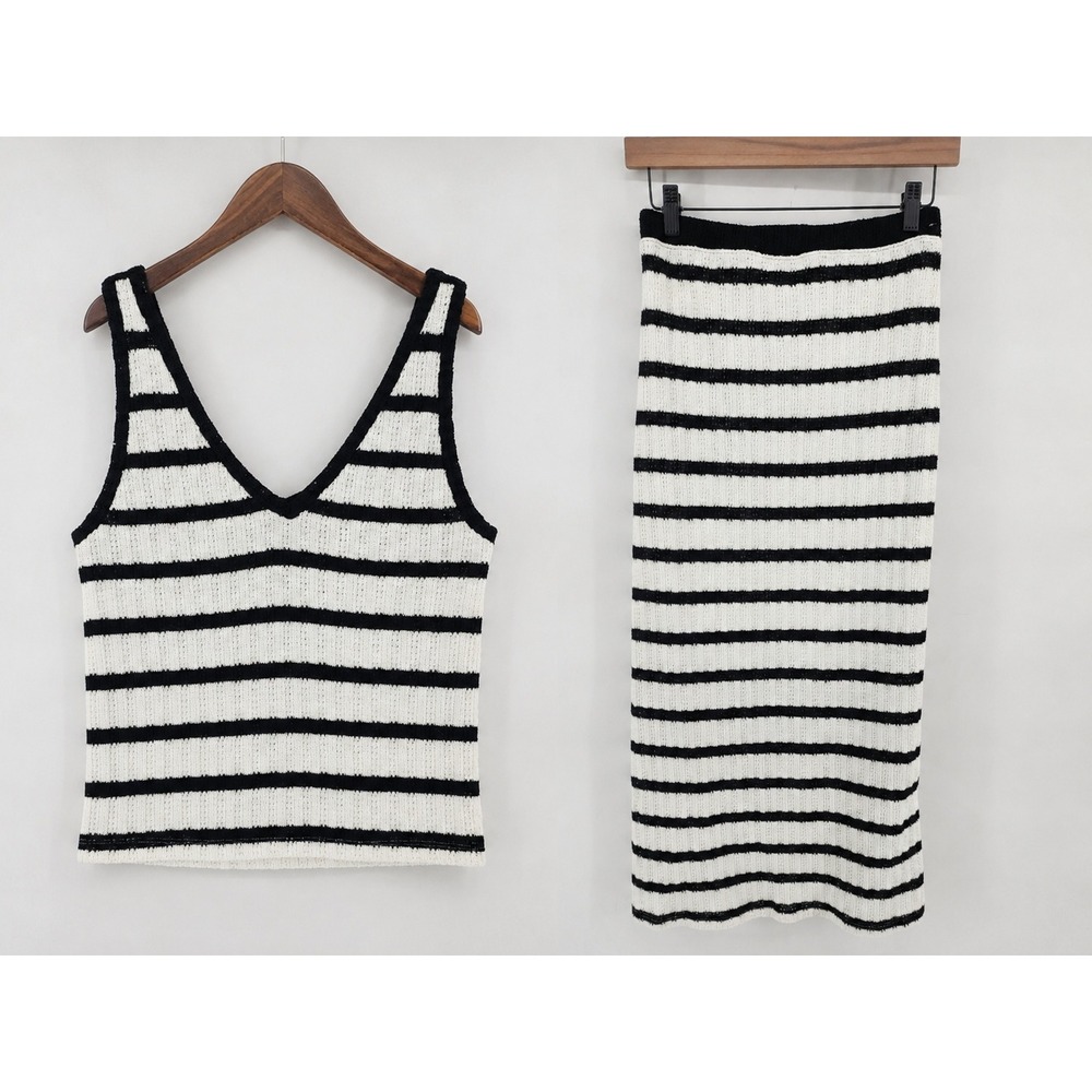 Universal Thread Striped Knit Tank Top and Midi Skirt Set Black White Size S